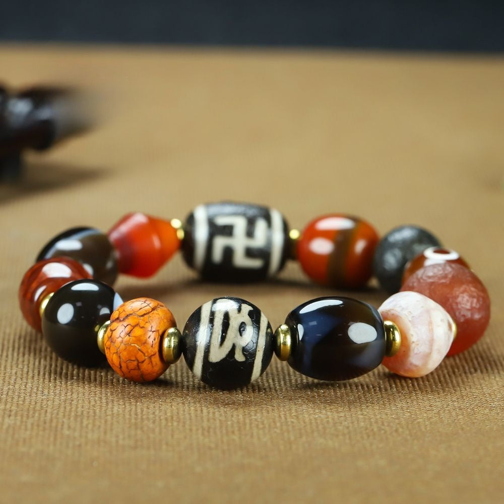Tibetan Three-Eye Tiger Tooth Dzi Bead Bracelet
