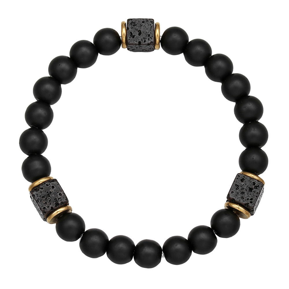 Volcanic stone bracelet, enhances energy and safeguards balance.