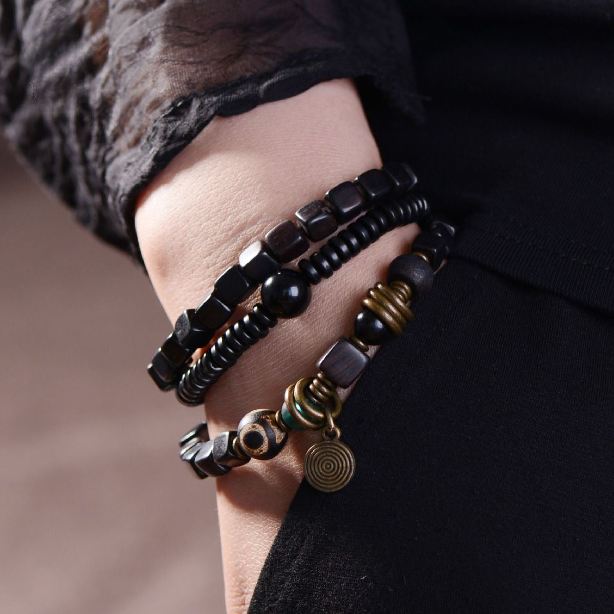 Original design handcrafted black walnut bracelet, worn to bring good luck.