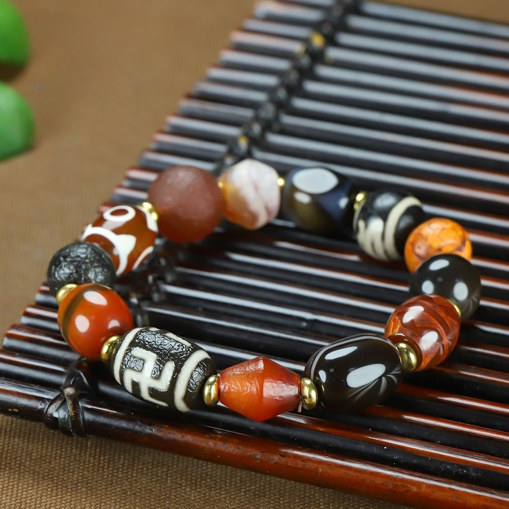 Tibetan Three-Eye Tiger Tooth Dzi Bead Bracelet