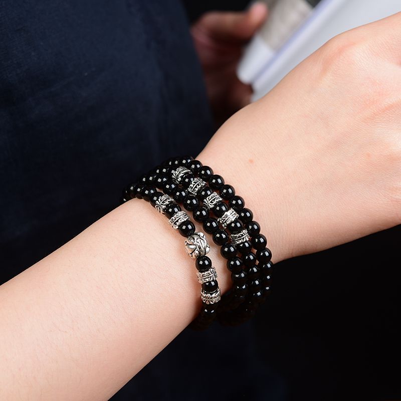 Natural obsidian silver bracelet - brings wealth.