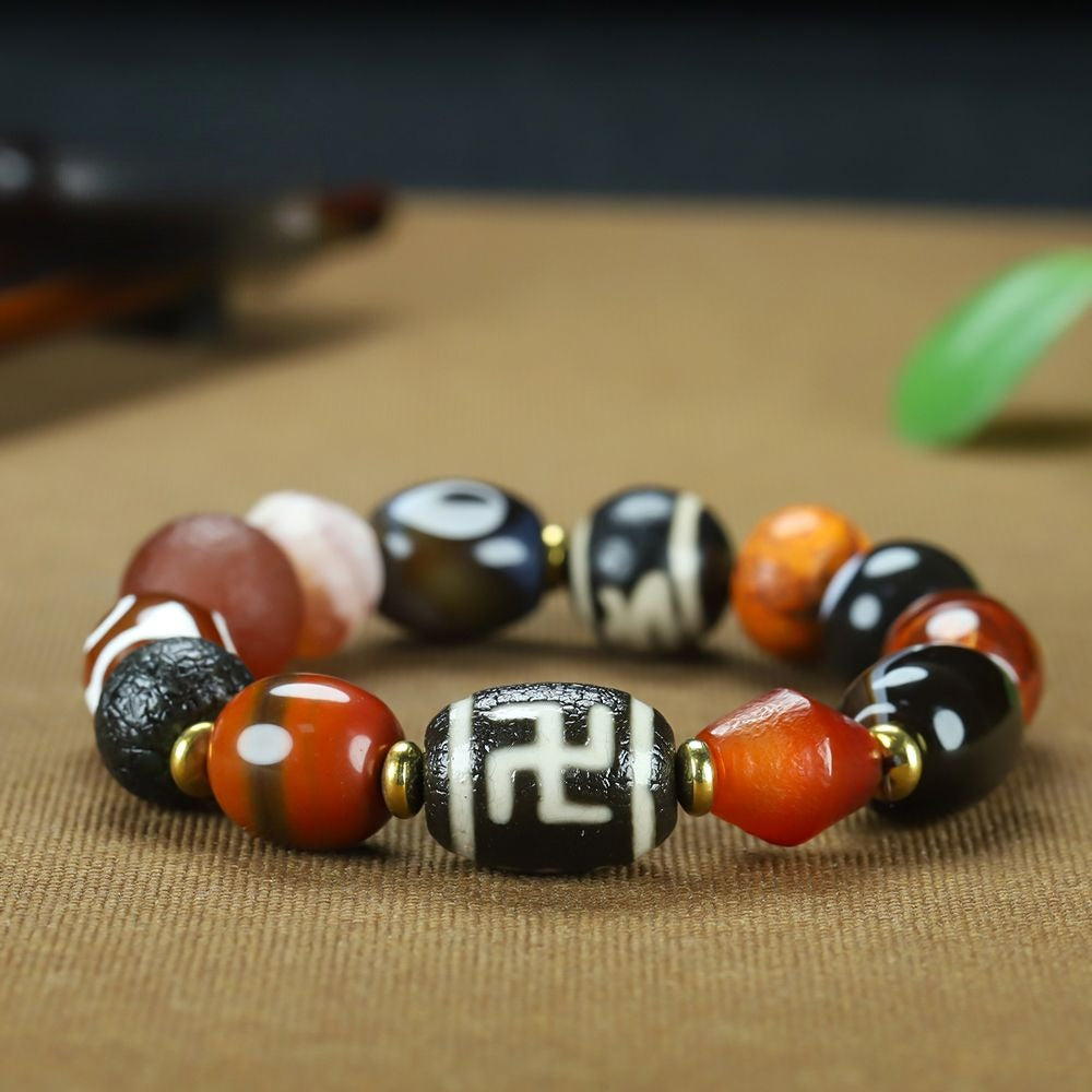 Tibetan Three-Eye Tiger Tooth Dzi Bead Bracelet