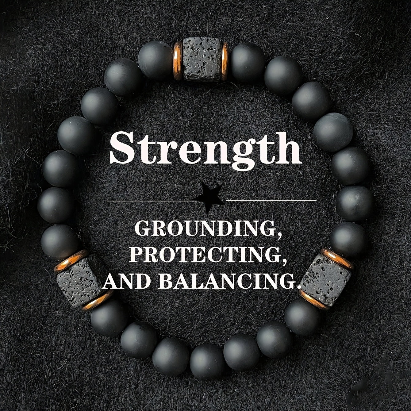 Volcanic stone bracelet, enhances energy and safeguards balance.
