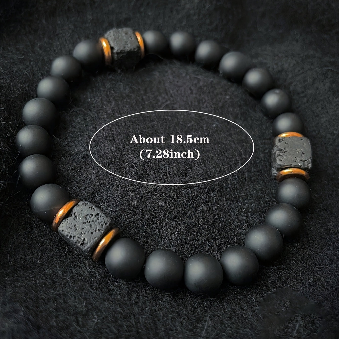 Volcanic stone bracelet, enhances energy and safeguards balance.
