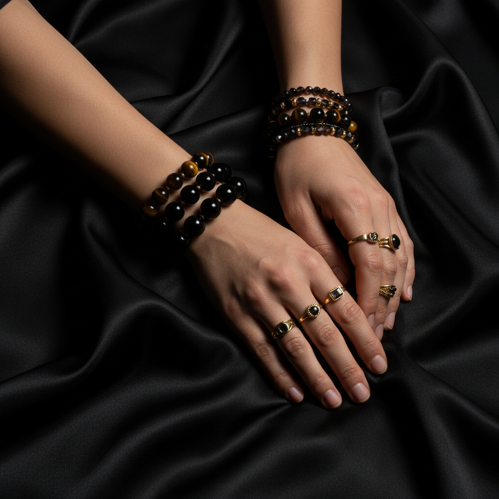 Elegant hands wearing personalized dark gemstone bracelets
